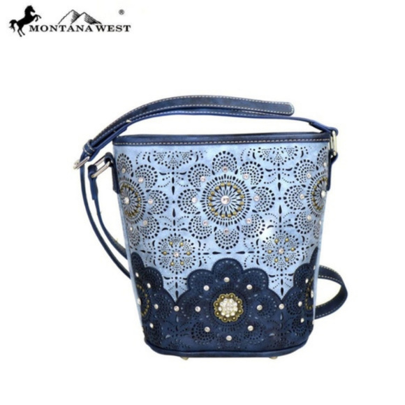 Montana West Handbags - Montana West Concho Bucket Shape Crossbody Blue